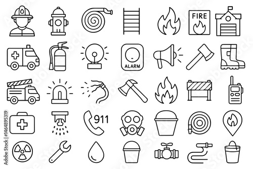 Fire department line icons collection in flat design for UI use
