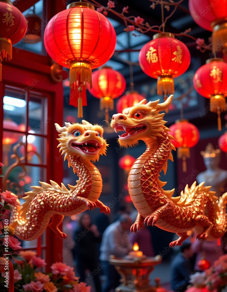 Fototapeta premium festive chinese new year setting, vibrant red lanterns, golden dragons, celebratory ambiance, 4k resolution