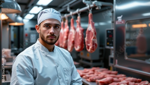 Skilled meat technicians in modern butchery culinary workshop professional portrait industrial kitchen focused perspective