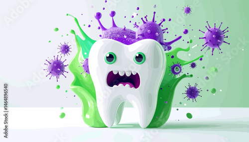 Frightened Cartoon Tooth Covered In Green And Purple Bacteria Stains