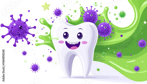 Happy Cartoon Tooth Fighting Bacteria With Colorful Splashes