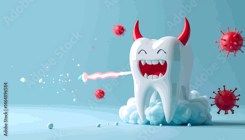 Playful 3D Rendering Of A Cartoon Tooth With Horns Fighting Microbes On A Light