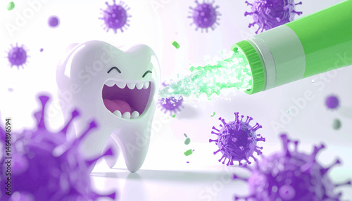Healthy Tooth Fighting Against Germs With Green Liquid