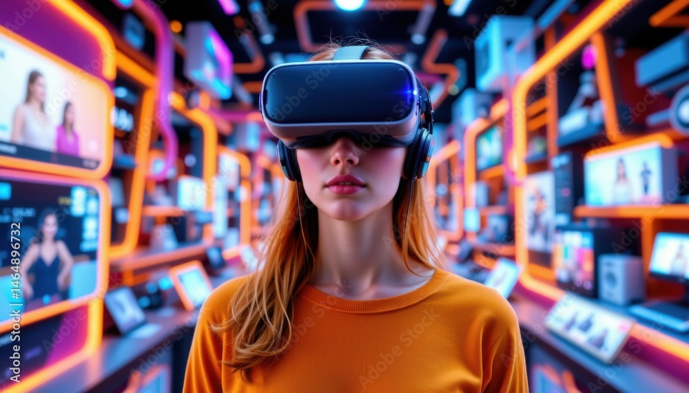 Virtual reality experience woman wearing vr headset futuristic store engaging environment close-up view technology exploration Virtual reality experience woman wearing vr headset futuristic store engaging environment close-up view technology exploration