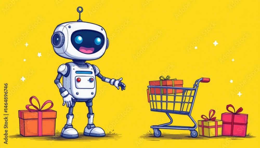 Fototapeta premium Adorable robot with shopping cart colorful background digital artwork shopping experience playful concept