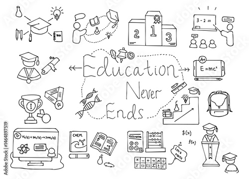 Doodle Illustration Set Featuring Various Educational Themes Including Science, Art, and Technology in a Creative Composition
