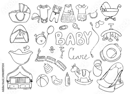 Doodle Illustration Set Featuring Baby-Themed Items Including Toys, Clothes, and Playful Elements in A Fun and Colorful Design