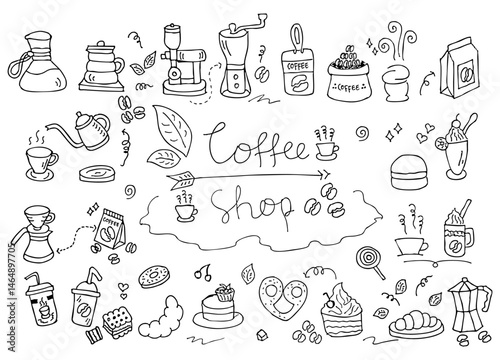 Doodle Illustration Set Featuring Various Food and Drink Items Including Coffee, Tea, Sweets, and Kitchen Utensils in a Creative Style