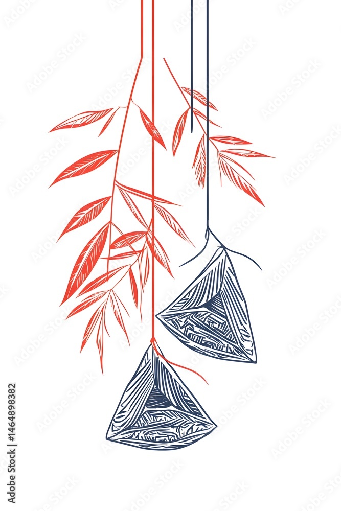 Dragon Boat Festival decorations hanging zongzi dumplings line art illustration. Traditional holiday clip art, card, banner, poster element. Asian style design, isolated vector.