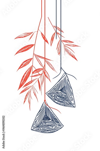 Obraz na płótnie Dragon Boat Festival decorations hanging zongzi dumplings line art illustration. Traditional holiday clip art, card, banner, poster element. Asian style design, isolated vector. w salonie