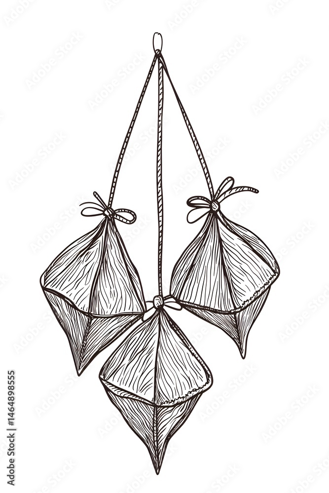 Dragon Boat Festival decorations hanging zongzi dumplings line art illustration. Traditional holiday clip art, card, banner, poster element. Asian style design, isolated vector.