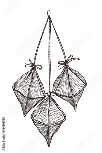 Obraz na płótnie Dragon Boat Festival decorations hanging zongzi dumplings line art illustration. Traditional holiday clip art, card, banner, poster element. Asian style design, isolated vector. w salonie