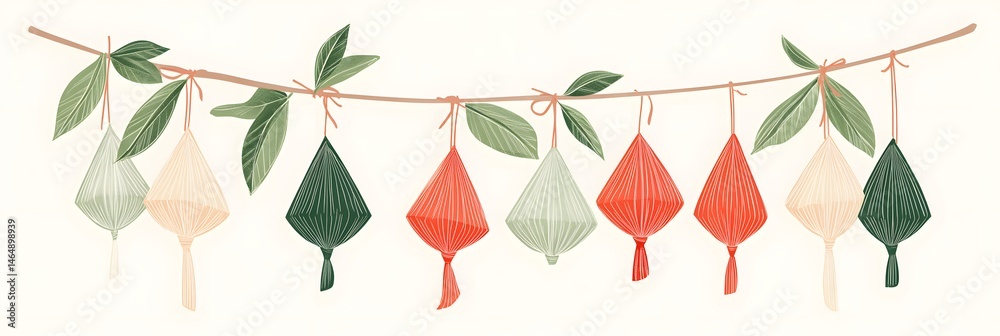 Dragon Boat Festival decorations hanging zongzi dumplings line art illustration. Traditional holiday clip art, card, banner, poster element. Asian style design, isolated vector.