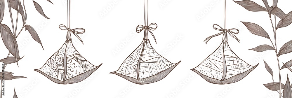 Dragon Boat Festival decorations hanging zongzi dumplings line art illustration. Traditional holiday clip art, card, banner, poster element. Asian style design, isolated vector.