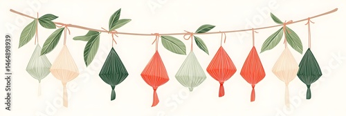 Obraz na płótnie Dragon Boat Festival decorations hanging zongzi dumplings line art illustration. Traditional holiday clip art, card, banner, poster element. Asian style design, isolated vector. w salonie