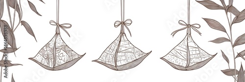 Obraz na płótnie Dragon Boat Festival decorations hanging zongzi dumplings line art illustration. Traditional holiday clip art, card, banner, poster element. Asian style design, isolated vector. w salonie