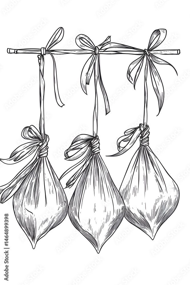 Dragon Boat Festival decorations hanging zongzi dumplings line art illustration. Traditional holiday clip art, card, banner, poster element. Asian style design, isolated vector.