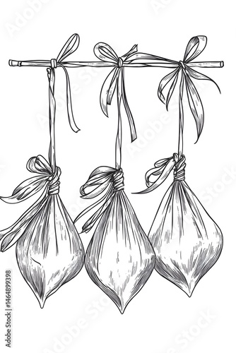 Dragon Boat Festival decorations hanging zongzi dumplings line art illustration. Traditional holiday clip art, card, banner, poster element. Asian style design, isolated vector.