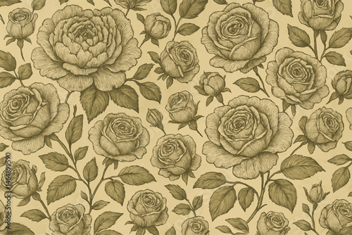 Vintage seamless floral pattern of blooming rose, for textile and wallpaper