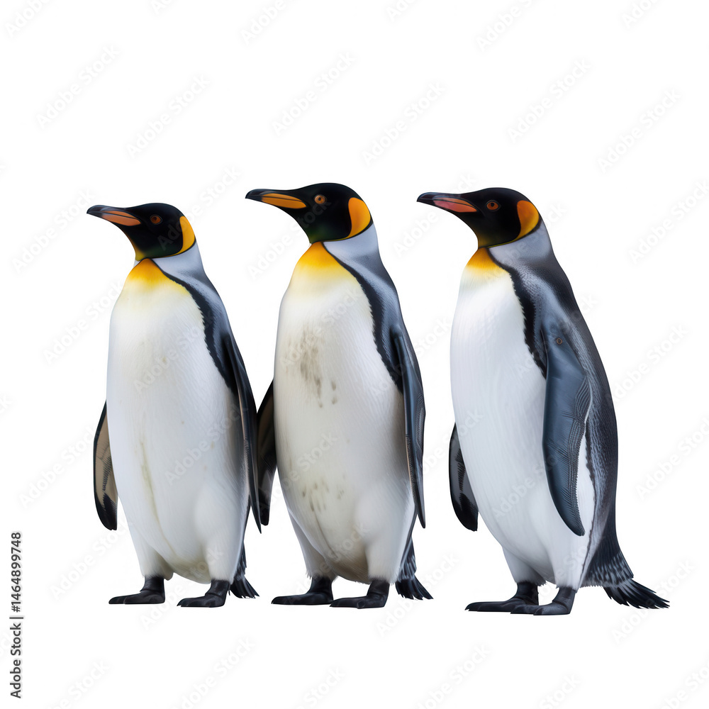 Fototapeta premium Three king penguins standing side by side against a stark black background in a studio setting