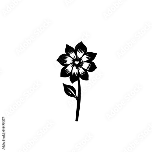 Elegant floral depiction featuring a symmetrical blossom and a single leaf