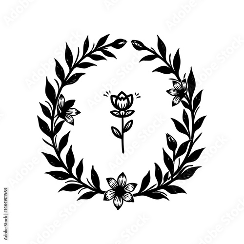 Botanical frame with a central flower illustration in a minimalist black and white style