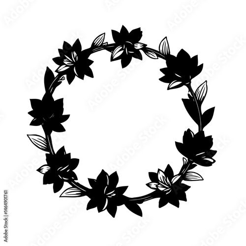 Elegant floral wreath illustration with delicate blossom arrangements in monochrome