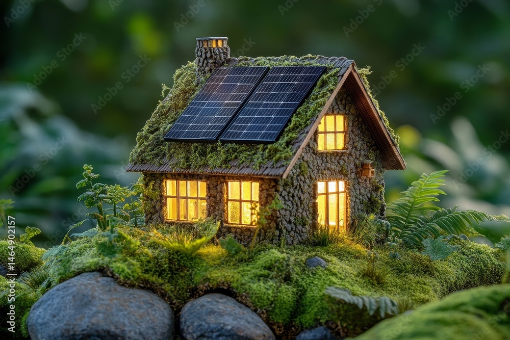Fototapeta premium Miniature eco-friendly home nestled in mossy rocks.
