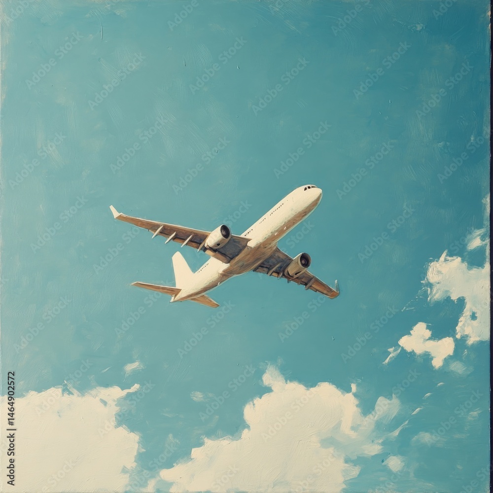Obraz premium Airplane Ascending: An artistic rendition of a passenger plane soaring through a serene, sunlit sky, punctuated by fluffy white clouds, rendered in a painterly style.