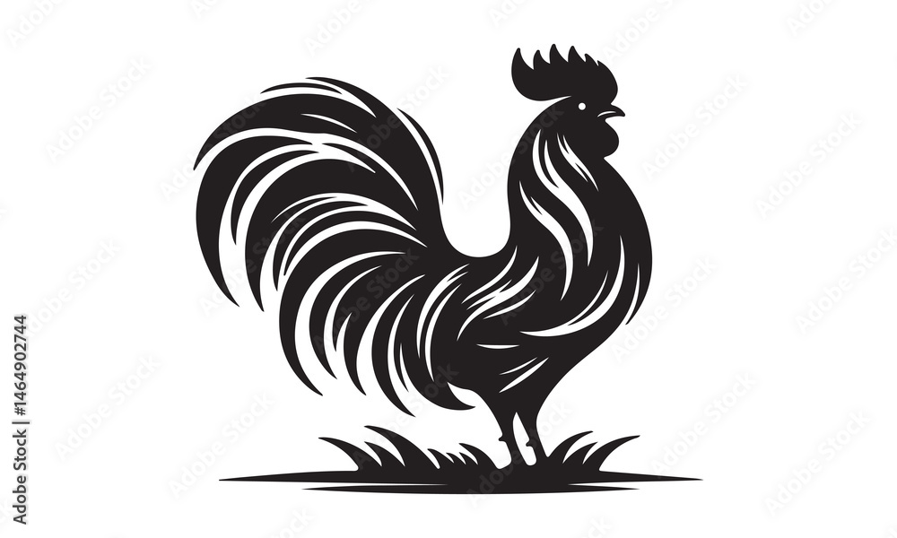 Fototapeta premium Proud Rooster Silhouette Standing on Grass.