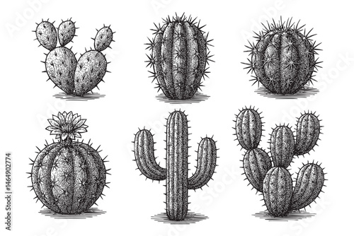 cactus plant set woodcut engraving vector illustration