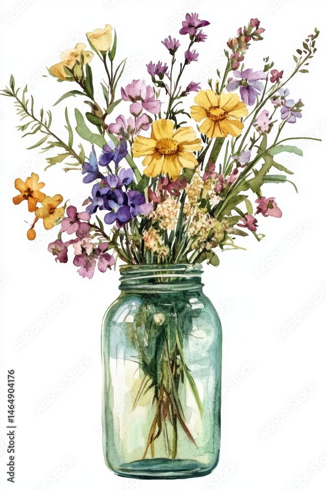 Obraz premium Watercolor Flower Bouquet in Mason Jar