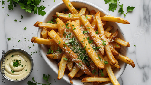Golden truffle fries with parmesan and parsley in white bowl, served with truffle aioli. Bright natural light highlights texture. Elegant, upscale fast food look.
