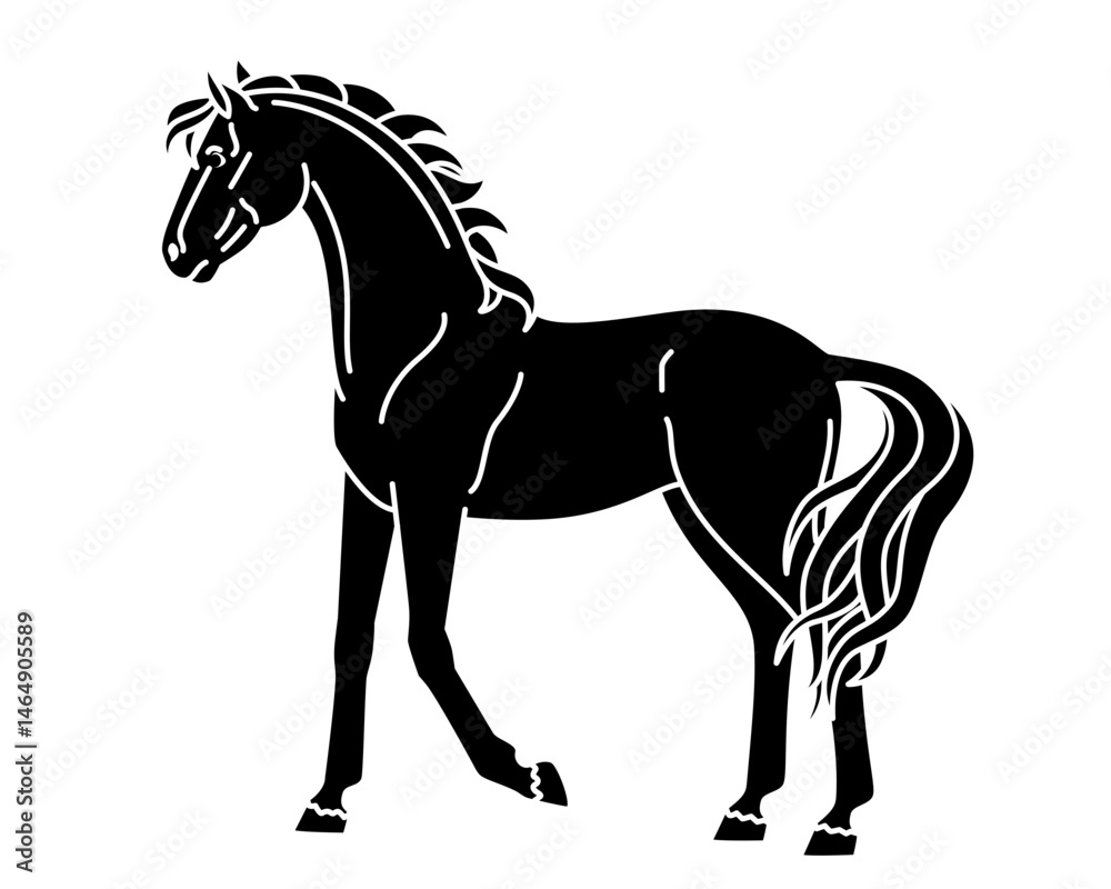 Obraz premium Horse, domestic animal symbol 2026 - vector silhouette image for stencil, logo or pictogram. Mare thoroughbred graceful animal with long tail for print or stencil