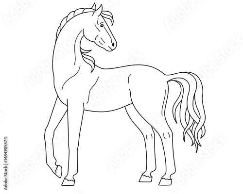 Horse, domestic animal symbol 2026 - vector linear picture for coloring. Outline. Mare thoroughbred graceful animal with a long tail loya coloring books