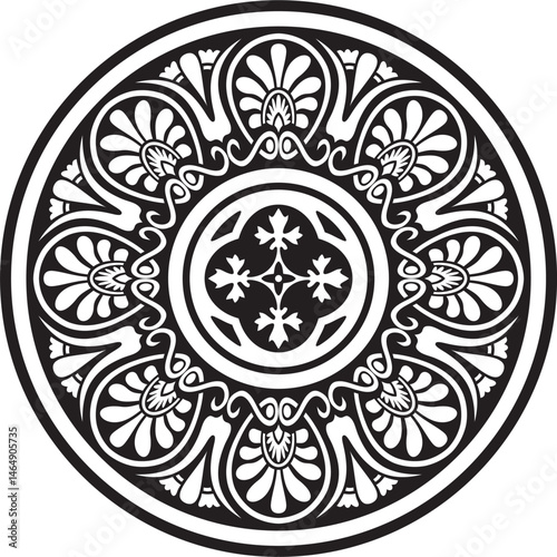 Vector black monochrome classic Greek round ornament. Circle of Ancient Greece and the Roman Empire. Byzantine painting of walls, floors and ceilings. Decoration of European palaces.
