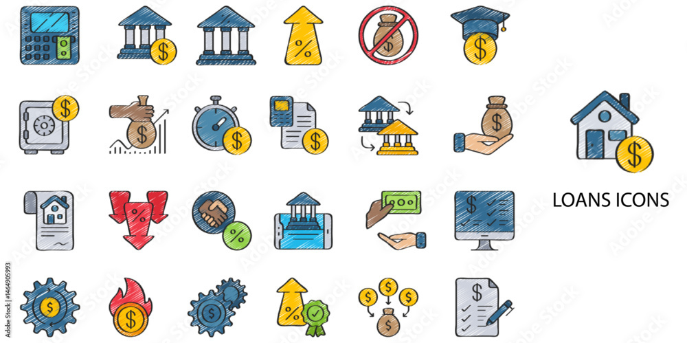 Fototapeta premium Loans simple concept 24 hand drawn color icons set. Contains such loan, receipt, rent, home, check, bill, payment .Vector illustration.