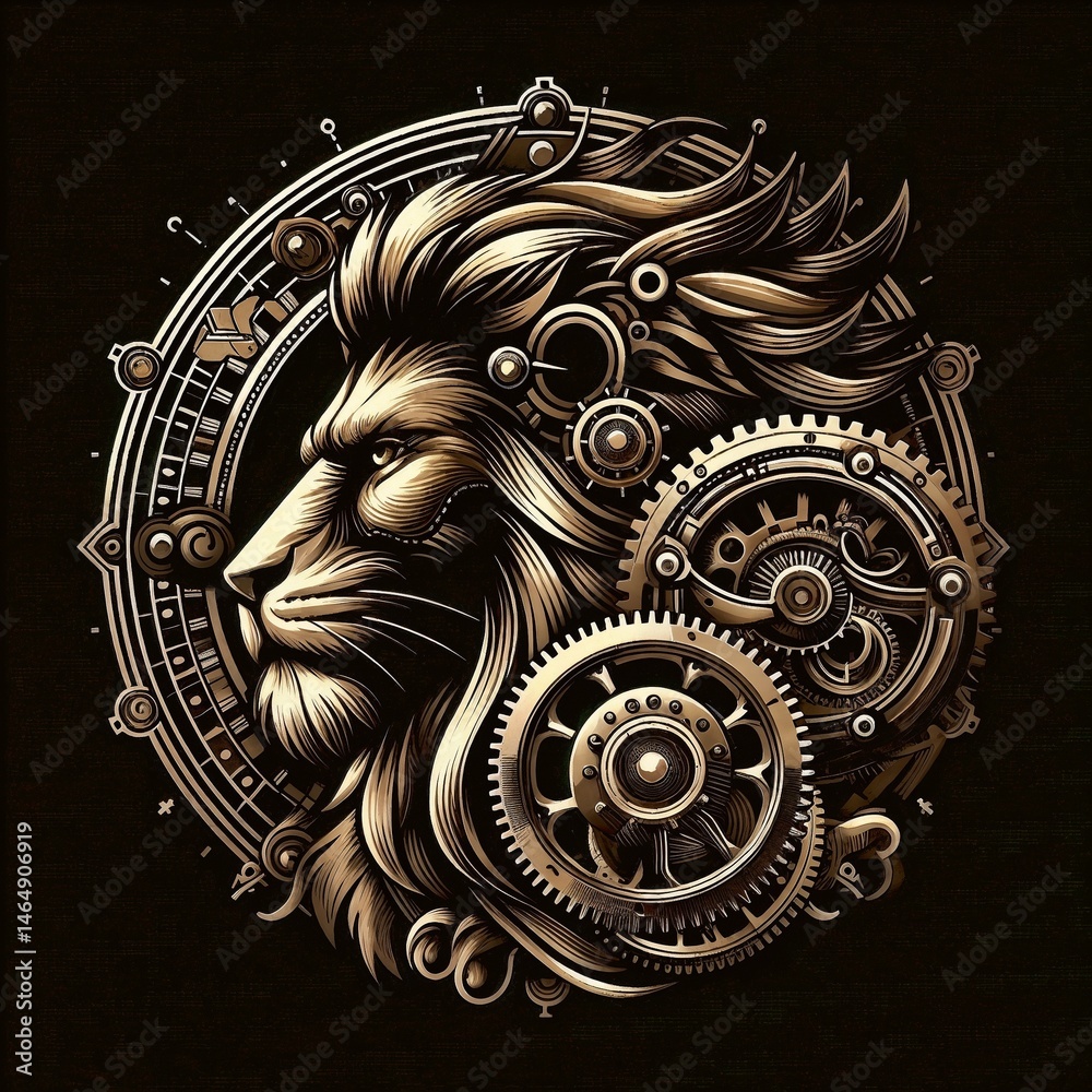 Steampunk lion with gears and cogs in intricate design