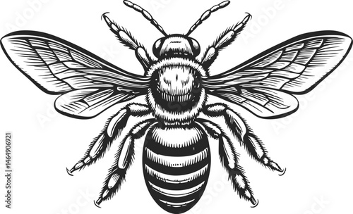 Elegant engraved bee with outstretched wings in top-down view, detailed line work and shading in vintage natural history book style

