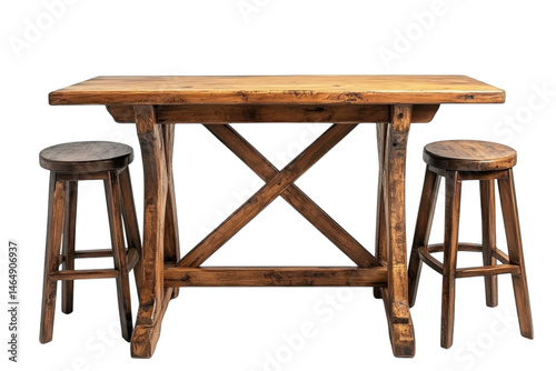 Rustic Wooden Table and Two Stools Set against Black Background Dark rich tones and visible wood grain on transparent background
