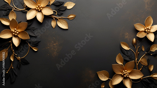 Elegant Gold and Black Floral Arrangement on Dark Background