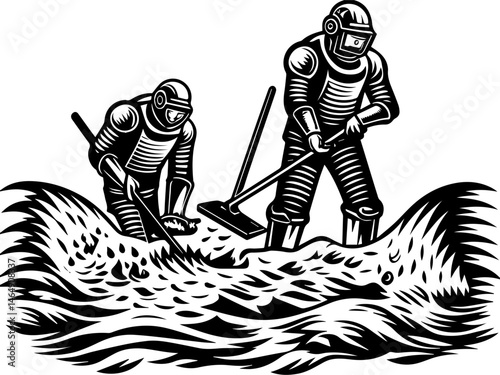 SVG vector illustrating AI driven solutions for sustainability. Two Divers Engaged in Underwater Exploration and Excavation Work