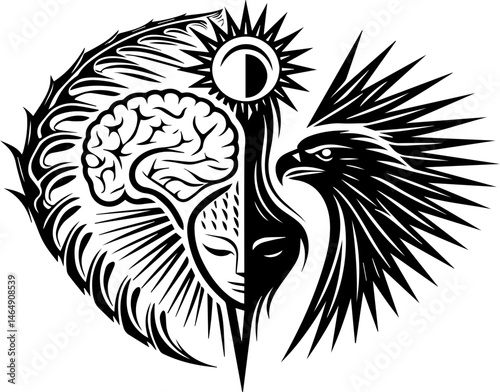 SVG vector illustrating AI driven solutions for sustainability. Abstract Brain and Bird Design with Symbolic Elements in Black