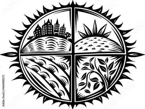 SVG vector illustrating AI driven solutions for sustainability. Black and White Abstract Four Seasons Landscape Design Illustration