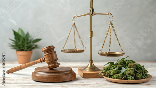 Marijuana packaging and judge's gavel representing social issues and scientific research on cannabis legality and regulation