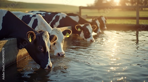 Thirsty Cows A Serene Moment of Dairy Cattle Drinking Water in a Farm Landscape at Sunset 