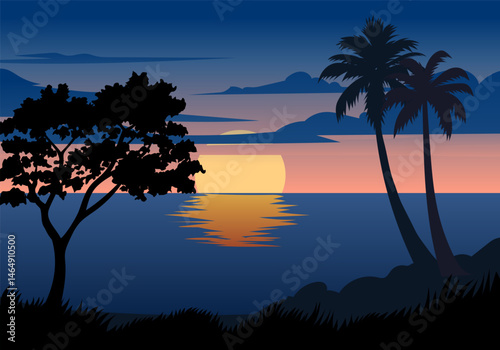Calm tropical sunset with silhouette of trees
