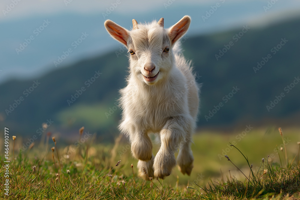 Fototapeta premium A playful baby goat jumping in a sunlit field. Dynamic and energetic — great for use in rural, wholesome, or family-friendly themes.