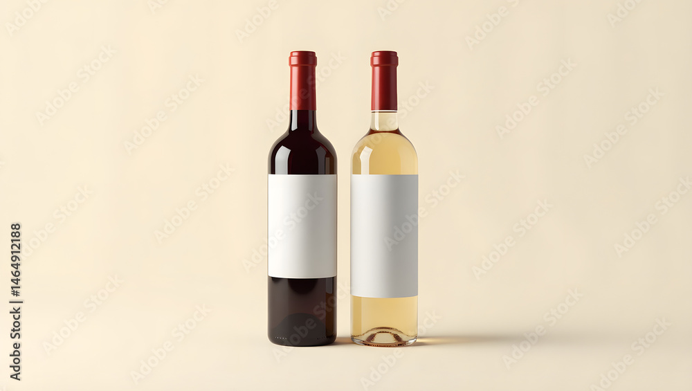 Fototapeta premium Two blank bottles of white grape wine and red grape wine isolated on white background.