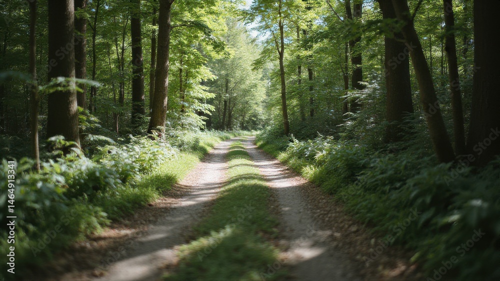 Fototapeta premium Serene Summer Forest Trail with Sunlight Filtering Through Dense Green